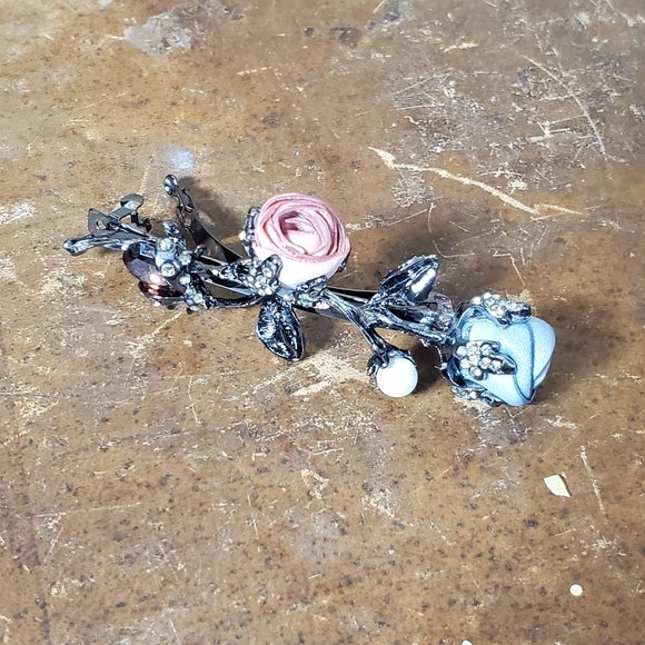 Coral Pink & Cornflower Blue Silk Petite Roses Barrette - Pearl - Garnet Crystal - Picture 6 of 10